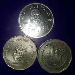 2 Rupees Coin 150 Years of Indian Railways, Louis Braille, Small Family Happy Family