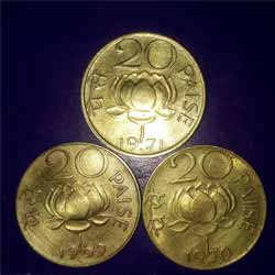 20 Paise Brass 3 Coins with Lotus Very Cheap Price.