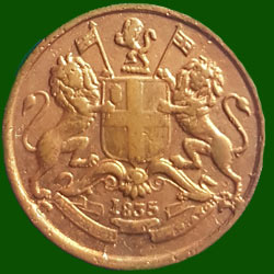 British East India Compan 1⁄12 Anna Coin Observe: East India Company Arms, St George cross and two lions are in the centre of the coin, two flags and single lion is above the coin, Year