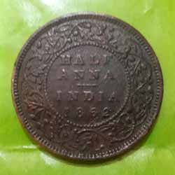 British Eash India Coin Victoria Queen 1862 Half Anna