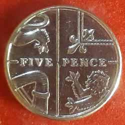 England Coins 5 Pence - Elizabeth II 5th portrait; Royal Shield Reverse