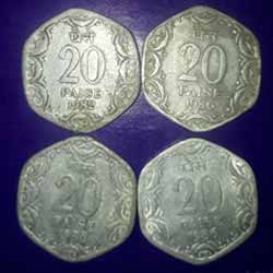 Twenty Paise four Coins