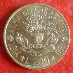 200 Lire Arm of Carabinieri Reverse