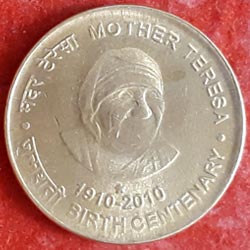 Mother Teresa Birth Centenary 1910 - 2010 Five or 5 Rupee Reverse