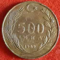 Turkey 500 Lira Reverse 1989